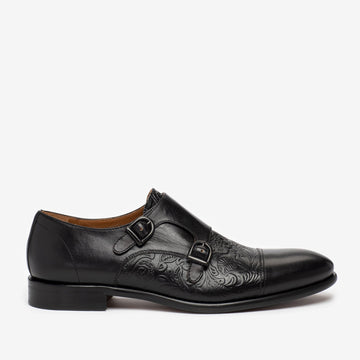 The Lucca Monk Shoe in Black Floral side profile